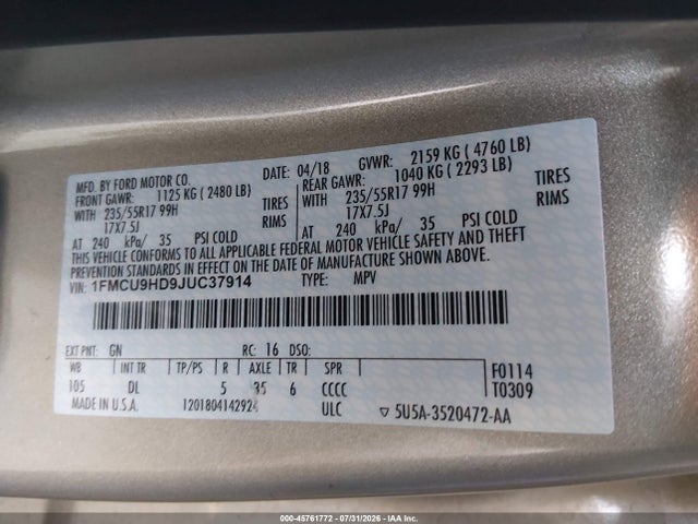 Ford ESCAPE SEL 2018 1FMCU9HD9JUC37914 Image 9