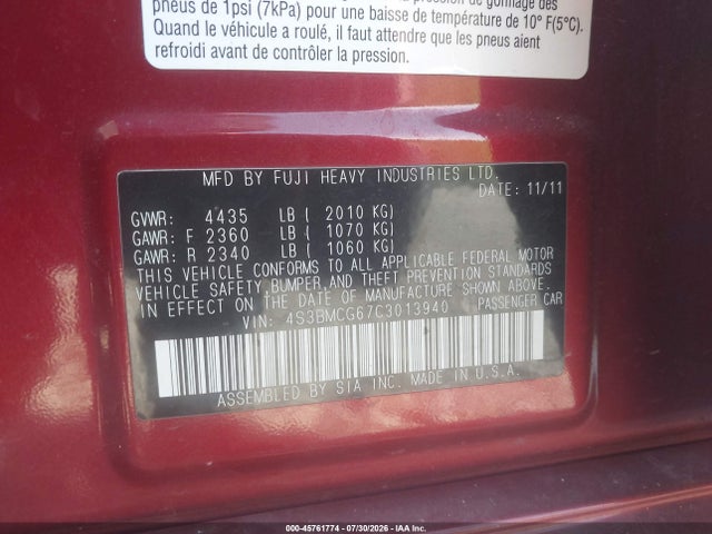 Продаж на аукціоні авто 2012 Subaru Legacy 2.5i Premium, vin: 4S3BMCG67C3013940, номер лоту: 45761774