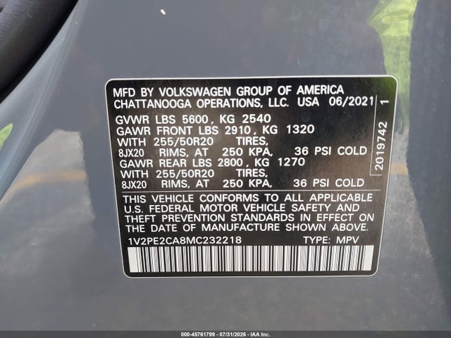 Aukcja sprzedaży 2021 Volkswagen Atlas Cross Sport 3.6l V6 Se W/technology R-line, vin: 1V2PE2CA8MC232218, numer aukcji: 45761799