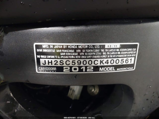 Aukcja sprzedaży 2012 Honda Cbr1000 Rr, vin: JH2SC5900CK400561, numer aukcji: 45761801