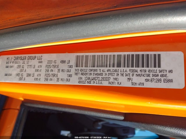 45761806 :رقم المزاد ، 1C4AJWAG7CL283337 vin ، 2012 Jeep Wrangler Sport مزاد بيع