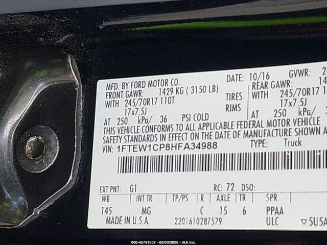 2017 Ford F-150 Xlt მანქანა იყიდება აუქციონზე, vin: 1FTEW1CP8HFA34988, აუქციონის ნომერი: 45761807