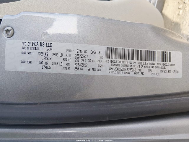 Aukcja sprzedaży 2020 Dodge Grand Caravan Sxt, vin: 2C4RDGCGXLR206269, numer aukcji: 45761812