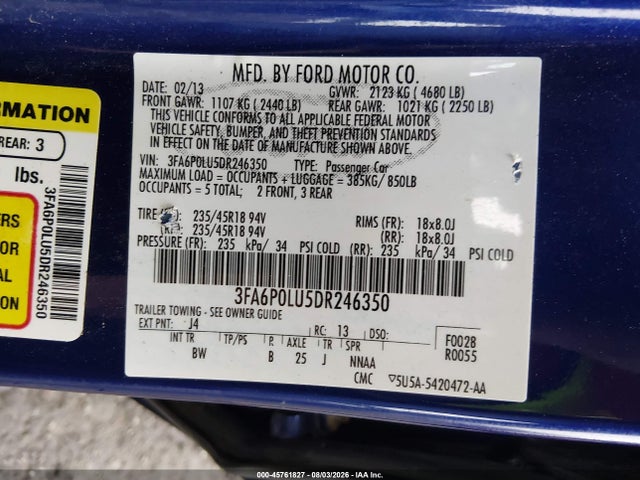 Продаж на аукціоні авто 2013 Ford Fusion Hybrid Se, vin: 3FA6P0LU5DR246350, номер лоту: 45761827