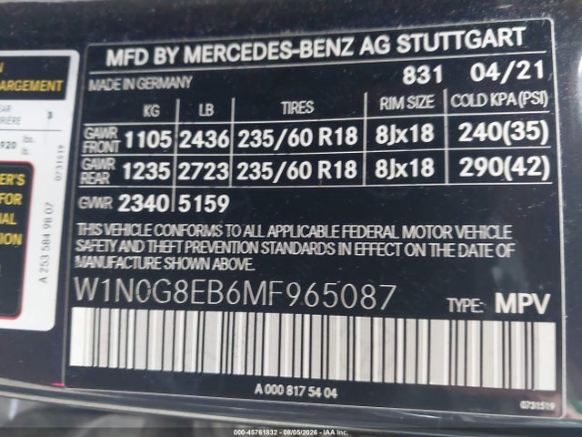 Продаж на аукціоні авто 2021 Mercedes-benz Glc 300 4matic Suv, vin: W1N0G8EB6MF965087, номер лоту: 45761832