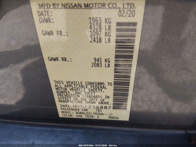 1N4BL4BV7LC238887 Nissan Altima S Fwd