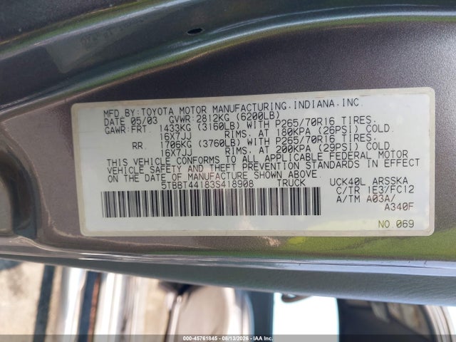Aukcja sprzedaży 2003 Toyota Tundra Sr5 V8, vin: 5TBBT44183S418908, numer aukcji: 45761845