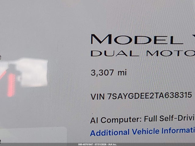 Продаж на аукціоні авто 2026 Tesla Model Y All-wheel Drive/long Range Launch Series/premium All-wheel Drive, vin: 7SAYGDEE2TA638315, номер лоту: 45761847