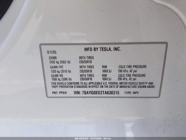 Продаж на аукціоні авто 2026 Tesla Model Y All-wheel Drive/long Range Launch Series/premium All-wheel Drive, vin: 7SAYGDEE2TA638315, номер лоту: 45761847