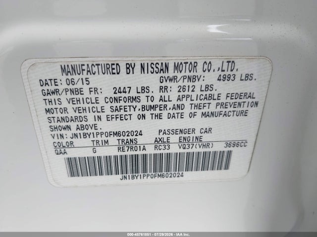 Aukcja sprzedaży 2015 Infiniti Q70l 3.7, vin: JN1BY1PP0FM602024, numer aukcji: 45761851