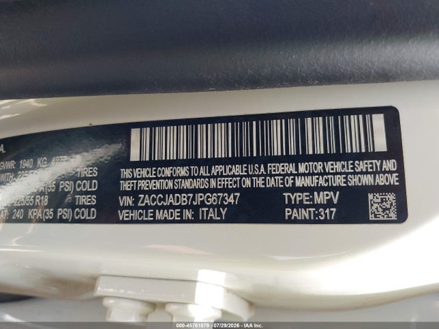 Aukcja sprzedaży 2018 Jeep Renegade Limited Fwd, vin: ZACCJADB7JPG67347, numer aukcji: 45761879