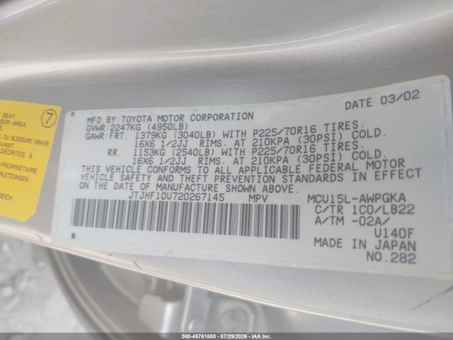 Aukcja sprzedaży 2002 Lexus Rx 300, vin: JTJHF10U720267145, numer aukcji: 45761880