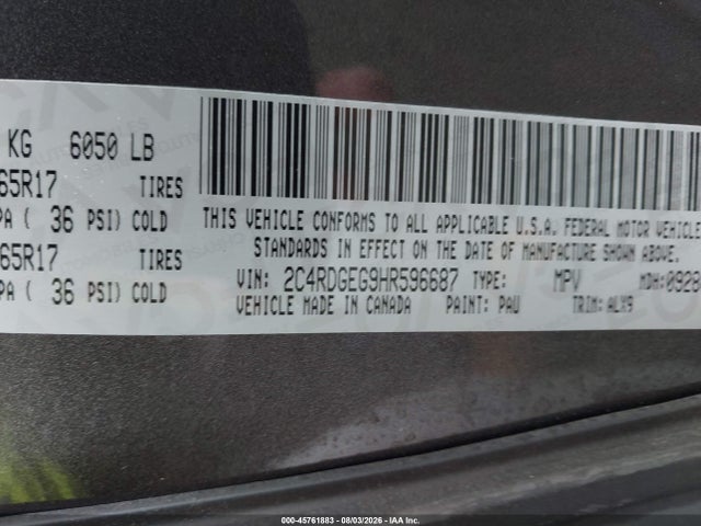 Продажа на аукционе авто 2017 Dodge Grand Caravan Gt, vin: 2C4RDGEG9HR596687, номер лота: 45761883