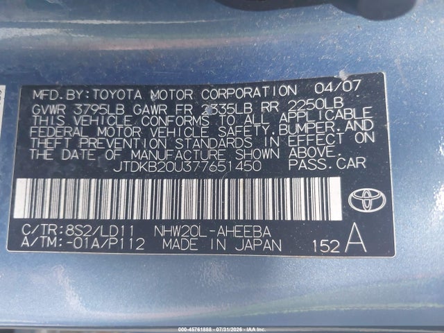 45761888 :رقم المزاد ، JTDKB20U377651450 vin ، 2007 Toyota Prius مزاد بيع