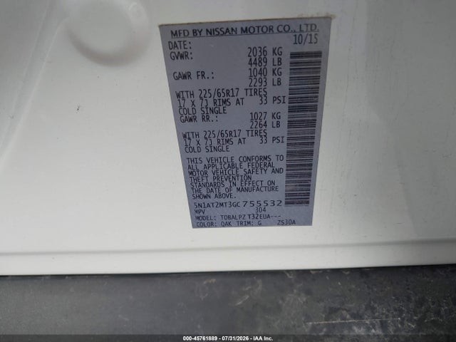 Продажа на аукционе авто 2016 Nissan Rogue S/sl/sv, vin: 5N1AT2MT3GC755532, номер лота: 45761889