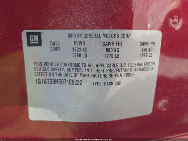 2009 Chevrolet Cobalt Lt მანქანა იყიდება აუქციონზე, vin: 1G1AT58H597186232, აუქციონის ნომერი: 45761910