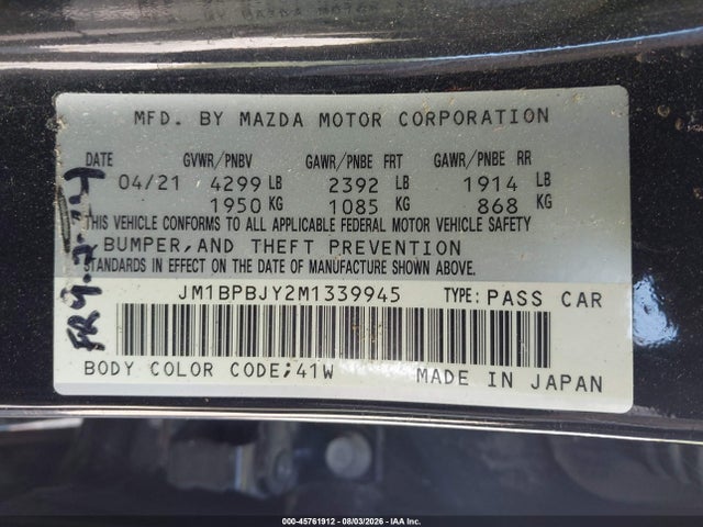 45761912 :رقم المزاد ، JM1BPBJY2M1339945 vin ، 2021 Mazda Mazda3 2.5 Turbo مزاد بيع