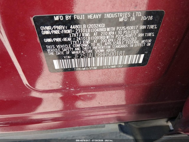 45761917 :رقم المزاد ، JF2SJALC8HH500181 vin ، 2017 Subaru Forester 2.5i Limited مزاد بيع