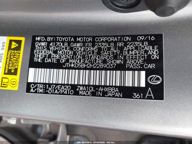 45761918 :رقم المزاد ، JTHKD5BH2H2289037 vin ، 2017 Lexus Ct 200h مزاد بيع