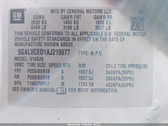 Aukcja sprzedaży 2010 Buick Enclave 2xl, vin: 5GALVCED1AJ219977, numer aukcji: 45761924