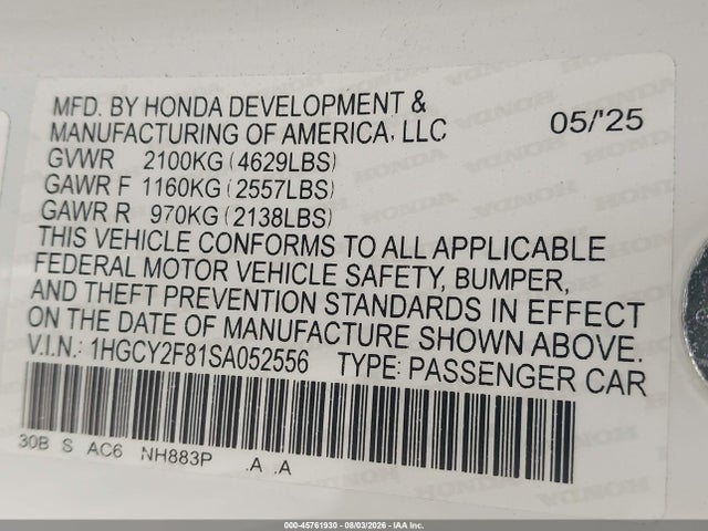 Aukcja sprzedaży 2025 Honda Accord Hybrid Touring, vin: 1HGCY2F81SA052556, numer aukcji: 45761930