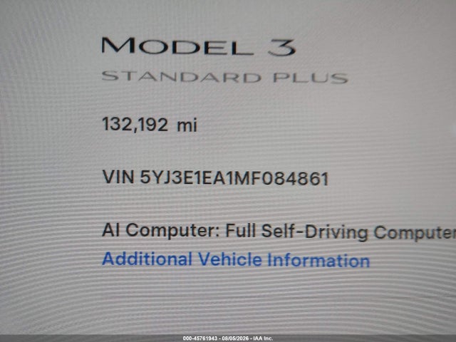 Продажа на аукционе авто 2021 Tesla Model 3 Standard Range Plus Rear-wheel Drive, vin: 5YJ3E1EA1MF084861, номер лота: 45761943