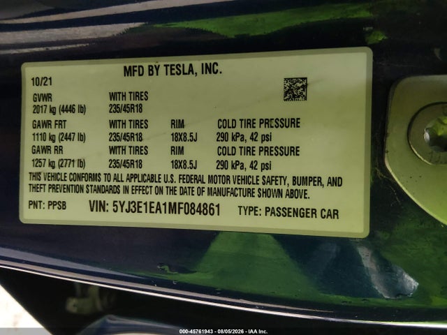 Продажа на аукционе авто 2021 Tesla Model 3 Standard Range Plus Rear-wheel Drive, vin: 5YJ3E1EA1MF084861, номер лота: 45761943