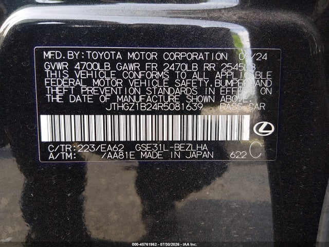 45761962 :رقم المزاد ، JTHGZ1B24R5081639 vin ، 2024 Lexus Is 350 F Sport مزاد بيع