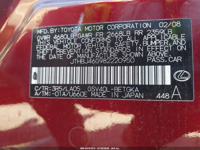 45761973 :رقم المزاد ، JTHBJ46G982220950 vin ، 2008 Lexus Es 350 مزاد بيع