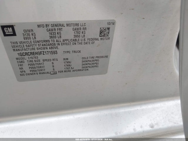 Продаж на аукціоні авто 2015 Chevrolet Silverado 1500 Lt, vin: 1GCRCREH9FZ171593, номер лоту: 45761979