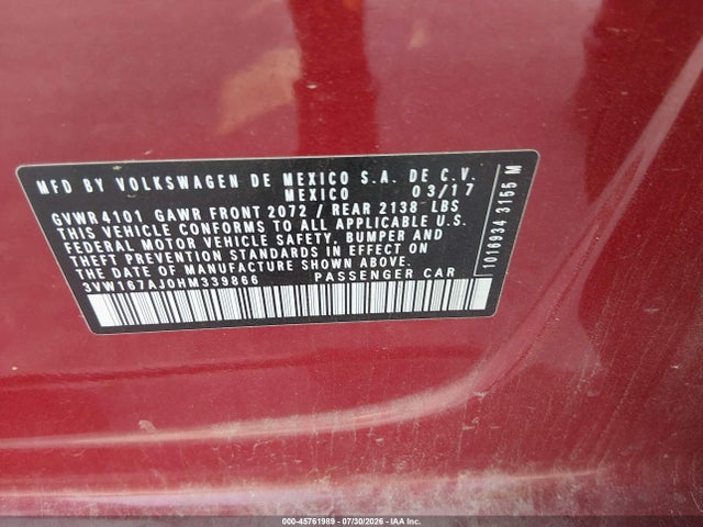45761989 :رقم المزاد ، 3VW167AJ0HM339866 vin ، 2017 Volkswagen Jetta 1.4t S مزاد بيع