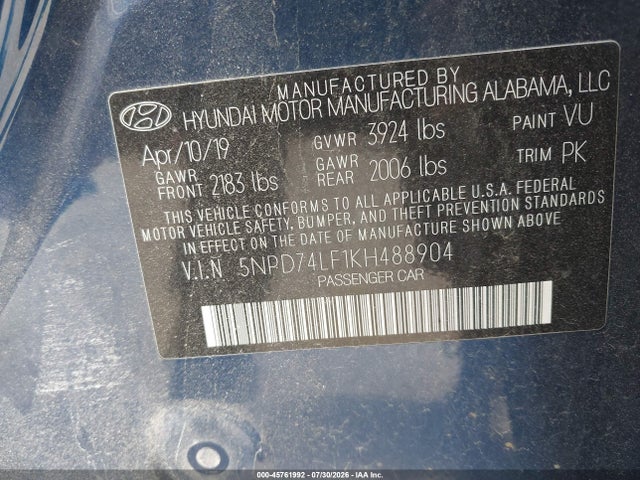 2019 Hyundai Elantra Se მანქანა იყიდება აუქციონზე, vin: 5NPD74LF1KH488904, აუქციონის ნომერი: 45761992