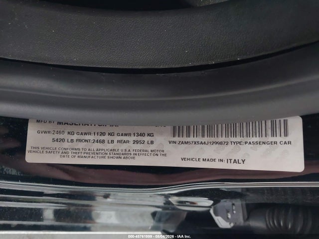 Продажа на аукционе авто 2018 Maserati Ghibli, vin: ZAM57XSA4J1299872, номер лота: 45761999