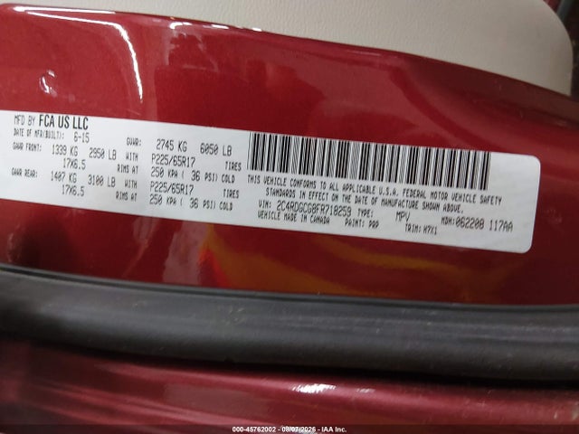Aukcja sprzedaży 2015 Dodge Grand Caravan Sxt, vin: 2C4RDGCG8FR718259, numer aukcji: 45762002