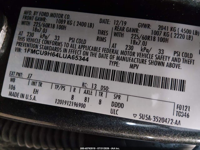 2020 Ford Escape Sel მანქანა იყიდება აუქციონზე, vin: 1FMCU9H64LUA65344, აუქციონის ნომერი: 45762019