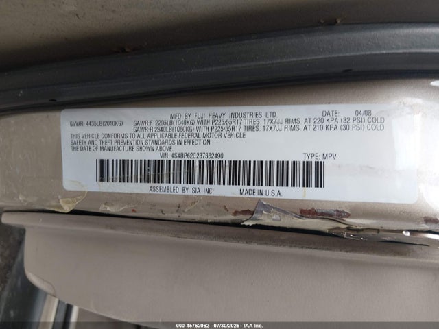 45762062 :رقم المزاد ، 4S4BP62C287362490 vin ، 2008 Subaru Outback (natl) Ltd/ltd Ll Bean W/nav/ltd Ll Bean W/nav/vdc/ltd W/vdc مزاد بيع