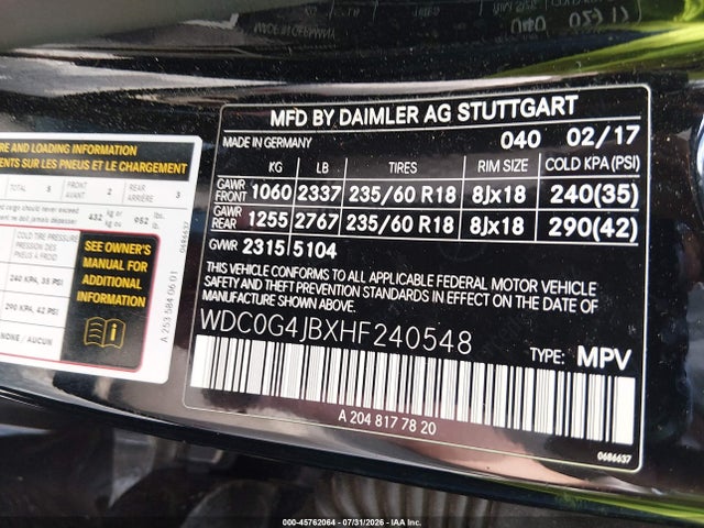 45762064 :رقم المزاد ، WDC0G4JBXHF240548 vin ، 2017 Mercedes-benz Glc 300 مزاد بيع