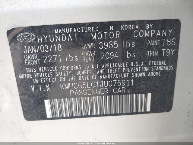 2018 Hyundai Ioniq Hybrid Blue მანქანა იყიდება აუქციონზე, vin: KMHC65LC1JU075911, აუქციონის ნომერი: 45762073