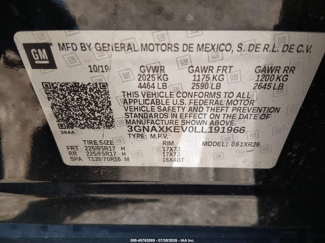 Aukcja sprzedaży 2020 Chevrolet Equinox Fwd Lt 1.5l Turbo, vin: 3GNAXKEV0LL191966, numer aukcji: 45762089