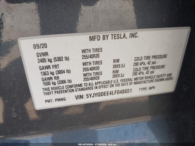 Продаж на аукціоні авто 2020 Tesla Model Y Long Range Dual Motor All-wheel Drive, vin: 5YJYGDEE4LF048651, номер лоту: 45762094