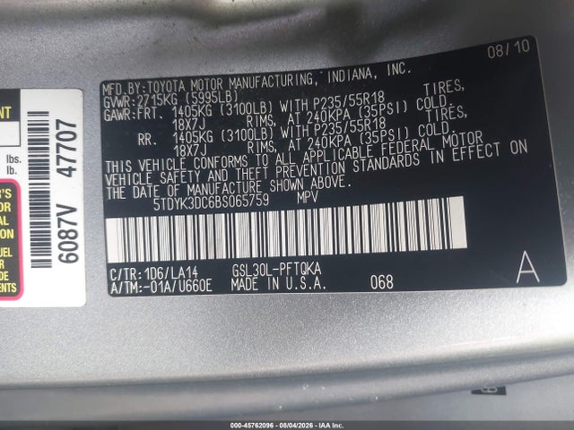 Продаж на аукціоні авто 2011 Toyota Sienna Limited V6, vin: 5TDYK3DC6BS065759, номер лоту: 45762096