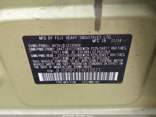 Продаж на аукціоні авто 2015 Subaru Xv Crosstrek Hybrid Touring, vin: JF2GPBPC1FH218823, номер лоту: 45762098