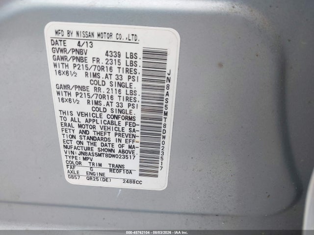 45762104 :رقم المزاد ، JN8AS5MT8DW023517 vin ، 2013 Nissan Rogue S مزاد بيع