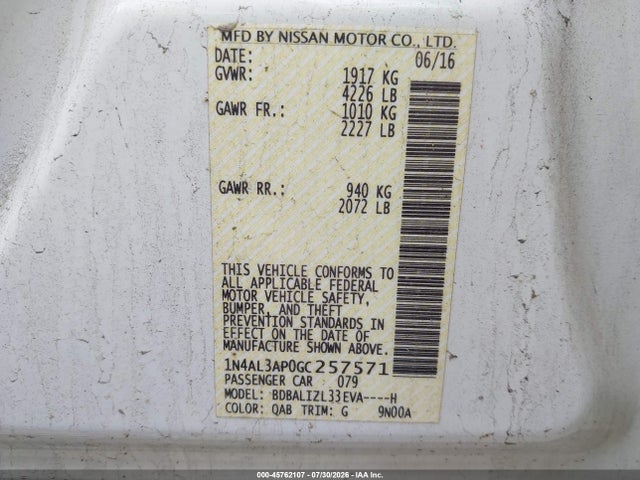 2016 Nissan Altima 2.5 Sv მანქანა იყიდება აუქციონზე, vin: 1N4AL3AP0GC257571, აუქციონის ნომერი: 45762107