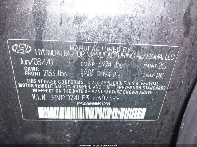 Продаж на аукціоні авто 2020 Hyundai Elantra Se, vin: 5NPD74LF3LH602399, номер лоту: 45762118