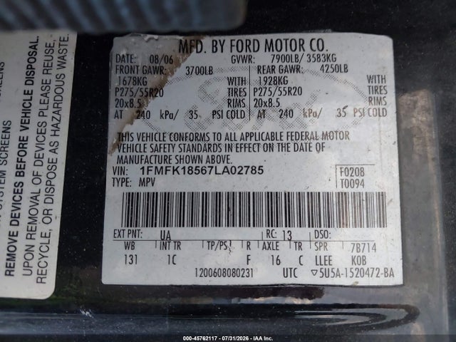 Продаж на аукціоні авто 2007 Ford Expedition El Eddie Bauer, vin: 1FMFK18567LA02785, номер лоту: 45762117
