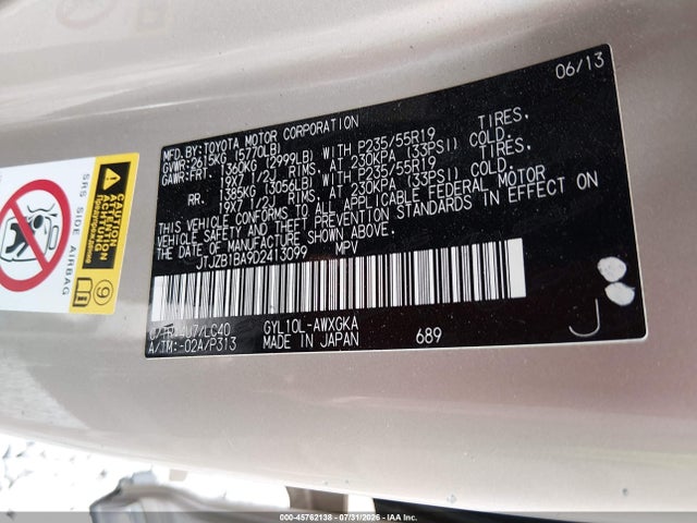 45762138 :رقم المزاد ، JTJZB1BA9D2413099 vin ، 2013 Lexus Rx 450h مزاد بيع