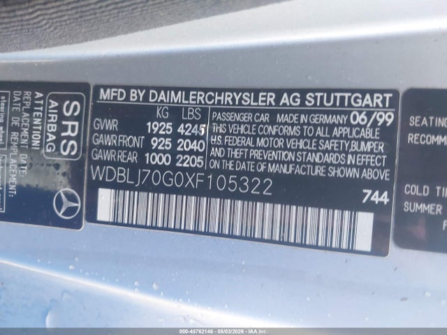45762146 :رقم المزاد ، WDBLJ70G0XF105322 vin ، 1999 Mercedes-benz Clk 430 مزاد بيع