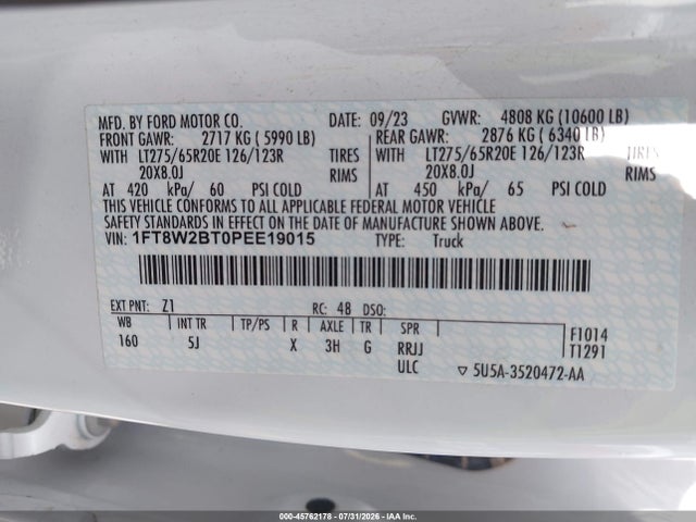 2023 Ford F-250 Lariat მანქანა იყიდება აუქციონზე, vin: 1FT8W2BT0PEE19015, აუქციონის ნომერი: 45762178