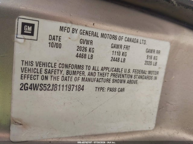 45762187 :رقم المزاد ، 2G4WS52J811197184 vin ، 2001 Buick Century Custom مزاد بيع